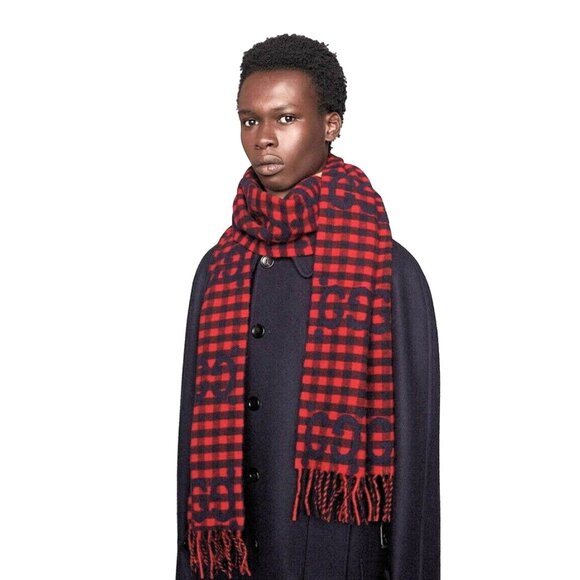 NEW GUCCI Red Blue Wool Check GG Monogram Logo Scarf $690 Authentic - Picture 3 of 8